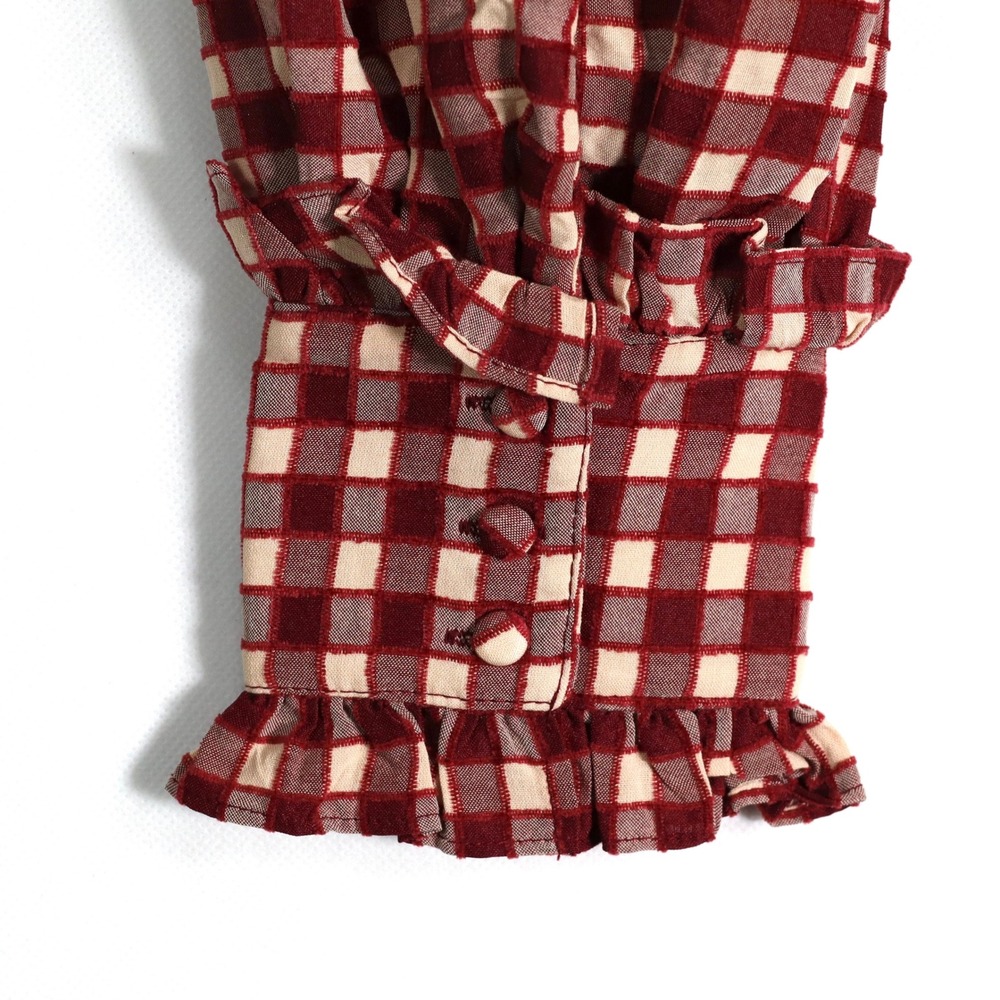 Gingham Smocked Cottagecore Top Womens M Red Textured Puff Sleeve &Merci NWT - Picture 6 of 11
